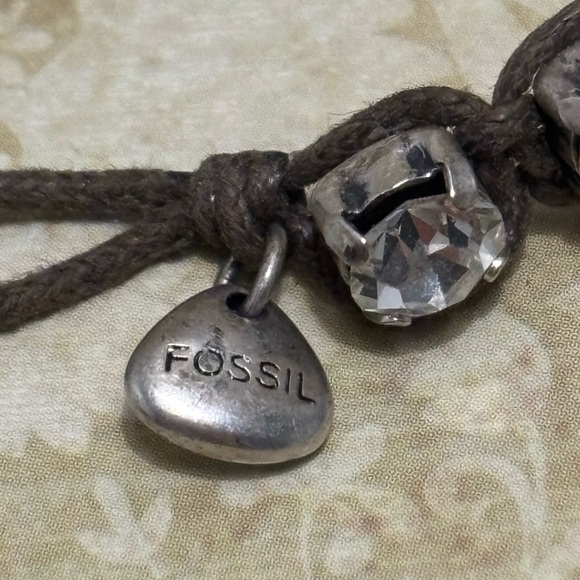 Fossil Silver Tone Brown Leather Wrapped Crystal Button Bracelet 7-1/2” - Picture 5 of 7